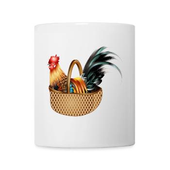 Ein prächtiger bunter Hahn sitz in einem Korb - Tasse - Weiß - Vorne