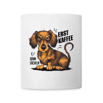 Grantiger Dackel und lustiger Kaffeetrinkerspruch - Tasse - Weiß - Vorne