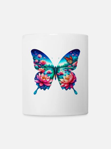 Butterfly, lotus flowers, flower, pond, zen lake - Mug - white