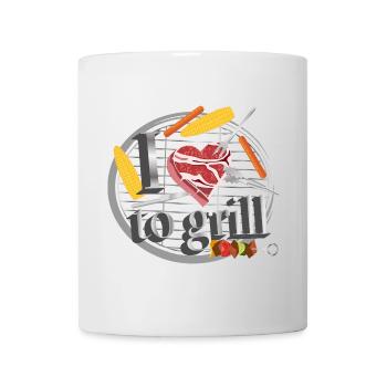 A barbecue with corn, sausages & meat in the shape of a heart - Mug - white - Front