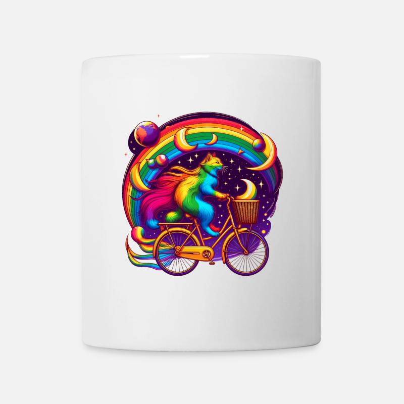 Katze auf einem Fahrrad in Regenbogenfarben - Tasse - Weiß
