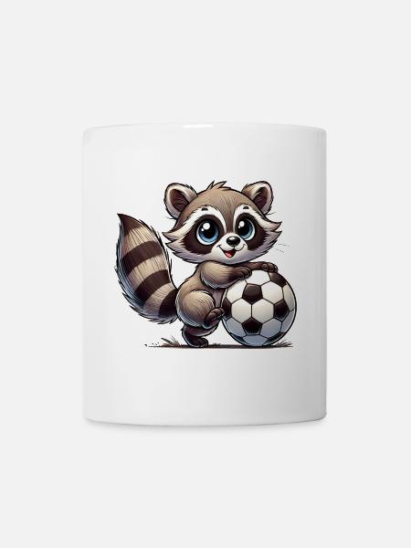 fröhlicher Waschbär, der mit einem Fußball spielt - Kop/krus - hvid