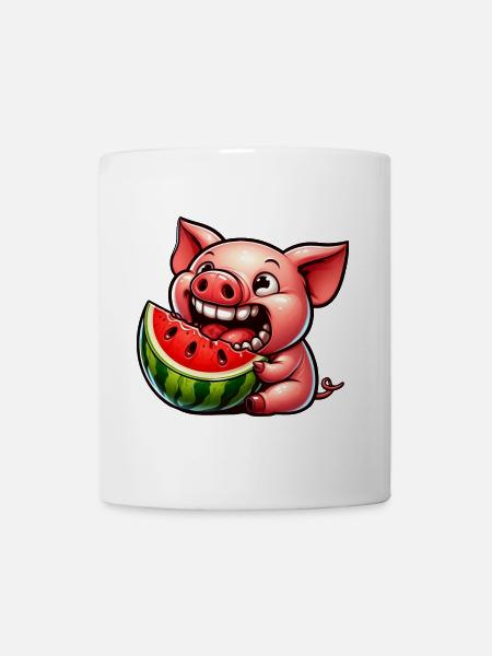 Süßes Schwein mit Wassermelone grinsend skurril - Kop/krus - hvid