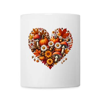 Herz, gefüllt mit Kürbissen,Pilze und Herbstlaub - Tasse - Weiß - Vorne