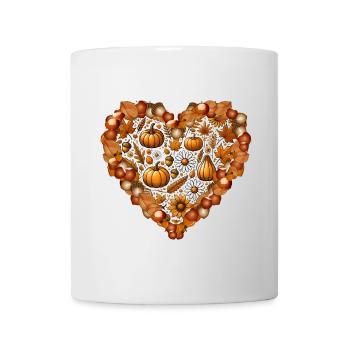 Herz, gefüllt mit Kürbissen,Laub,Nüsse und Blumen - Tasse - Weiß - Vorne
