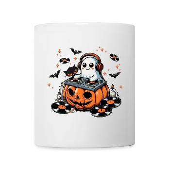 Joyeux fantôme d’Halloween en tant que DJ sur une citrouille - Mug blanc - blanc - Devant