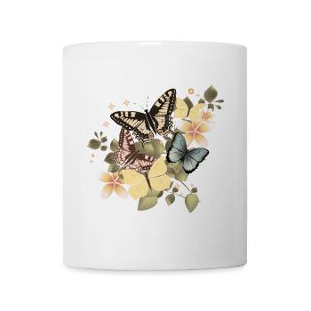 Schmetterlinge im Vintage Blumenmeer - Tasse - Weiß - Vorne