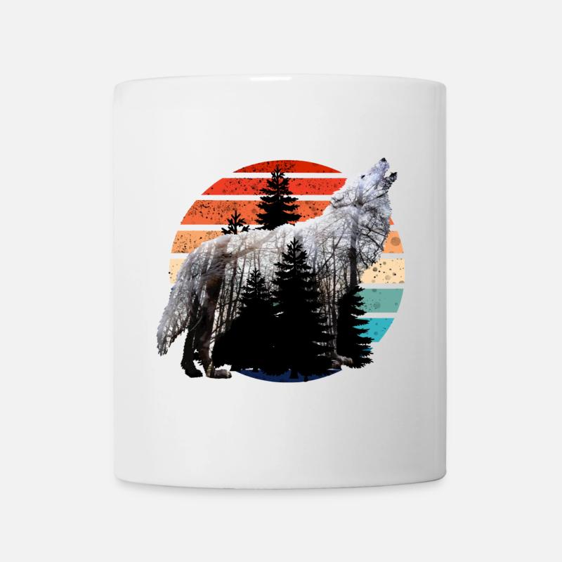 heulender Wolf Doppelbelichtung mit Retro Sunset - Tasse - Weiß