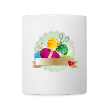 Balls of wool, button & knitting needles as a colorful patch - Mug - white - Front