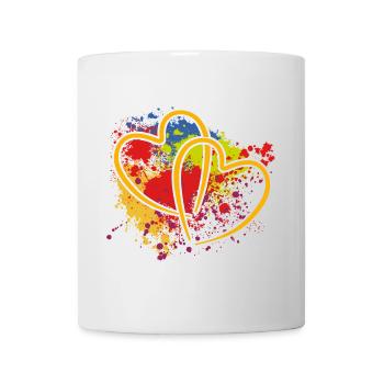 zwei verschlungene Herzen auf Farbklecksen - Tasse - Weiß - Vorne