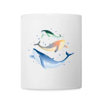 drei leuchtend bunt schimmernde Walfische im Ozean - Tasse - Weiß - Vorne