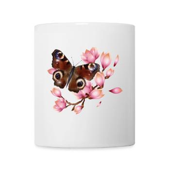 Papillon paon oeil avec Magnolia en rose - Mug blanc - blanc - Devant