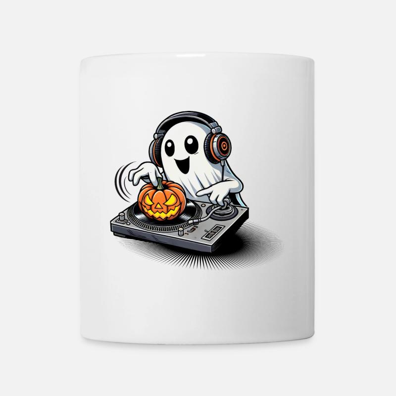 Joyeux fantôme d’Halloween en tant que DJ avec une citrouille - Mug blanc - blanc