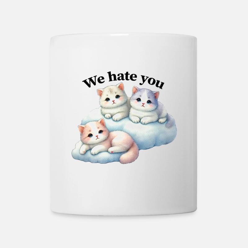 Three fluffy kittens "We hate you" - Mug - white