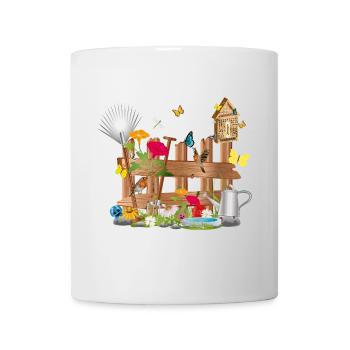 liebevoll gestalteter bunter Gartenzaun mit Blumen - Tasse - Weiß - Vorne