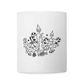 Halloween, Kerzen mit Kürbis und Süßigkeiten - Tasse - Weiß - Vorne