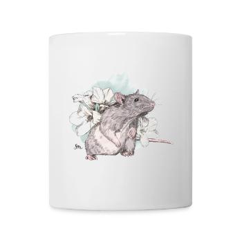 Ratte vor zarten Blumen auf Wasserfarbenklecks - Tasse - Weiß - Vorne