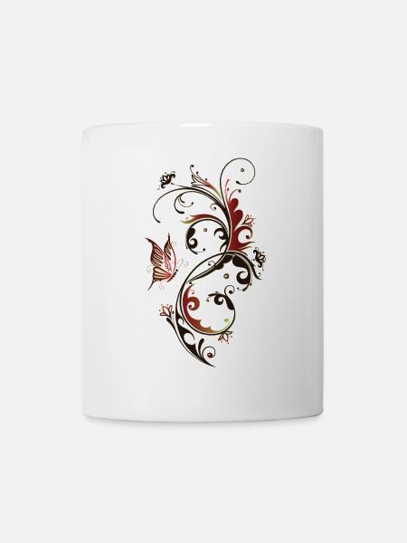 Blumenranke mit Schmetterling, rot und braun - Tasse - Weiß