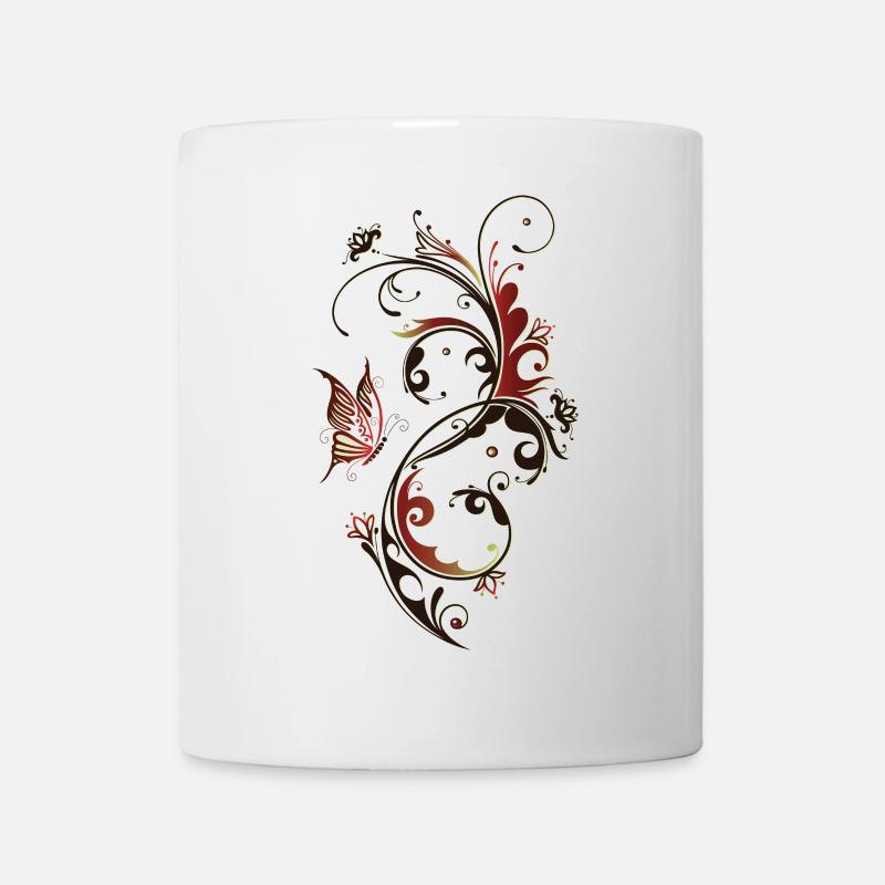 Blumenranke mit Schmetterling, rot und braun - Tasse - Weiß