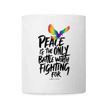 Feurige Regenbogentaube mit Friedenstext - Tasse - Weiß - Vorne