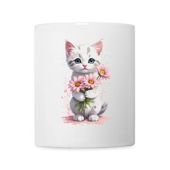 Verspieltes Kätzchen mit Blumen - Aquarell - Tasse - Weiß - Vorne