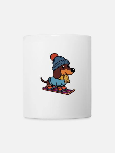 Winter Hund Dackel Mütze Schal Ski auf Skiern - Tasse - Weiß