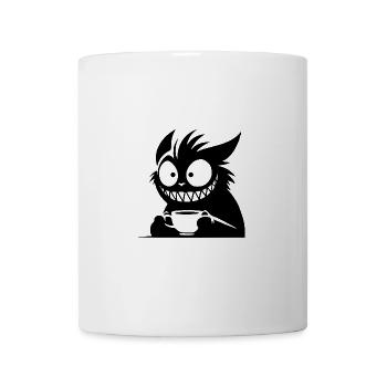 Katze auf Kaffee Trip mit Tasse und irrem Blick - Tasse - Weiß - Vorne