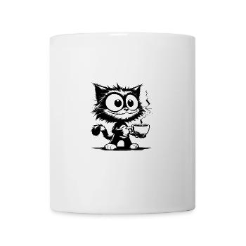 Lustig grinsende Katze mit Kaffeetasse - Tasse - Weiß - Vorne