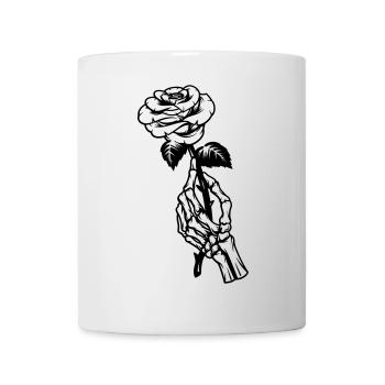 Rose in einer Hand, Illustration, Skelett-Hand - Tasse - Weiß - Vorne