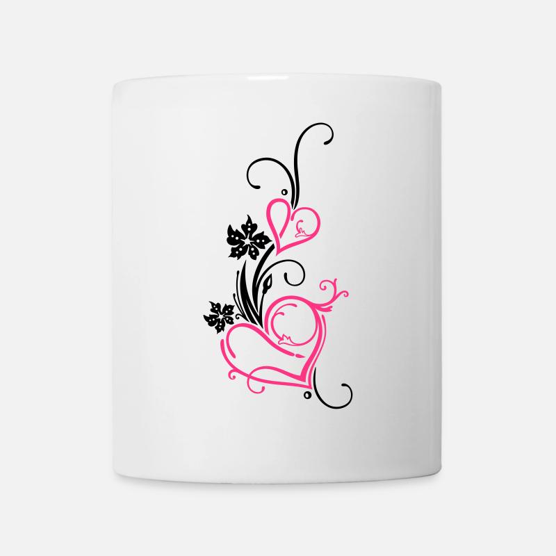 Zwei große Herzen mit Blumen, filigran - Tasse - Weiß