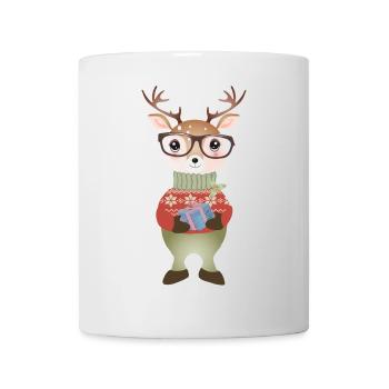 cute deer with Christmas gift & glasses - Mug - white - Front