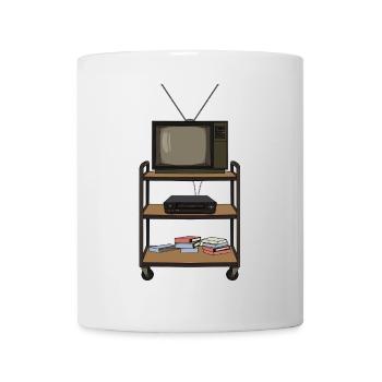 Nostalgischer TV- und Videorekorder-Wagen Klassenzimmer 80er 90er Jahre Lustig - Tasse - Weiß - Vorne
