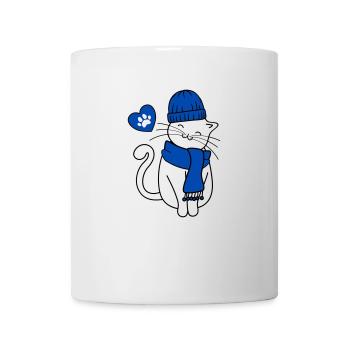 Chat d’hiver avec casquette et écharpe, cœur et patte - Mug blanc - blanc - Devant