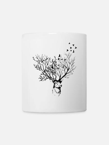 Kunsvoller Hirschkopf mit Vögeln - Tasse - Weiß