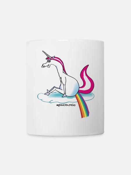 Unicorn pooping rainbow - Einhorn pupst Regenbogen - Taza - blanco