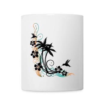 Palm trees with wave, hibiscus and hummingbirds. - Mug - white - Front