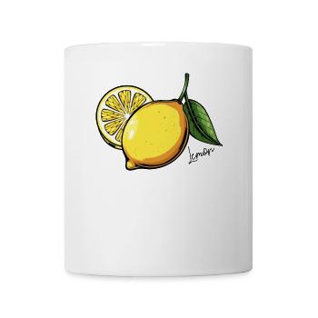 Zitrusleuchten: Gelbe Zitrone mit Blättern - Tasse - Weiß - Vorne