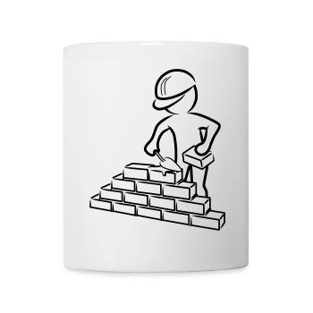 Bauarbeiter mit Maurerkelle, Mörtel und Mauer - Tasse - Weiß - Vorne
