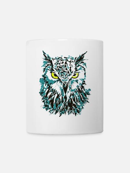 Eule Zeichnung - Blaue Eule mit leuchtenden Augen - Tasse - Weiß