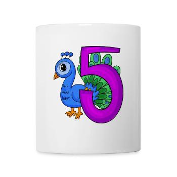 5 Jahre alt - 5. Geburtstag - Pfau Vogel Motiv - Tasse - Weiß - Vorne
