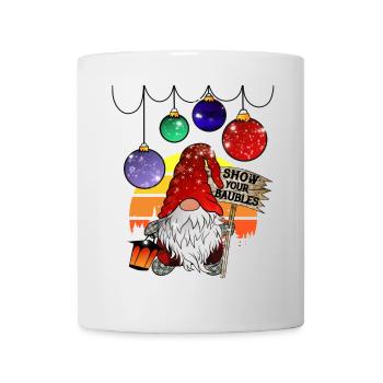 Gnom Weihnachts Wichtel mit Christbaumkugeln - Tasse - Weiß - Vorne