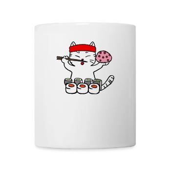 Cat eats sushi with chopsticks - Mug - white - Front