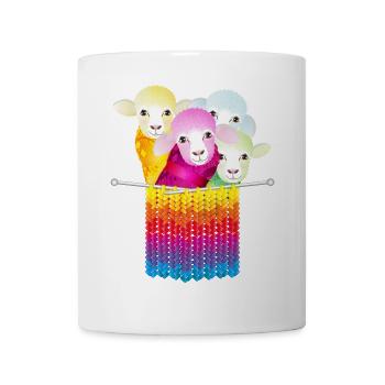 four colourful sheep with wool and knitting needles - Mug - white - Front