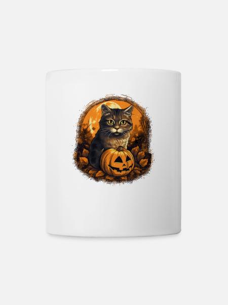 Süßer Halloween-Kater mit Kürbis - Tasse - Weiß