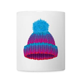 farbige Mütze in Strick Optik mit großer Bommel - Tasse - Weiß - Vorne