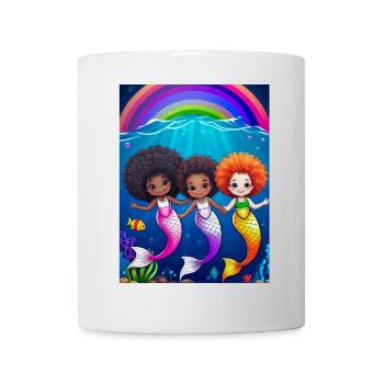 Bunte Meerjungfrauen mit Regenbogenhintergrund - Tasse - Weiß - Vorne