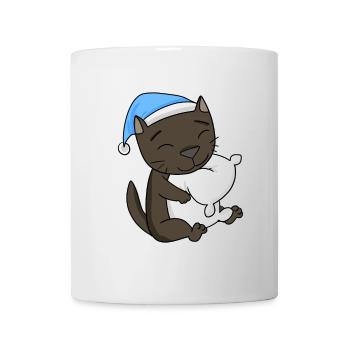 Sleeping Tired - Cat with Pillow and Sleepy Cap - Mug - white - Front