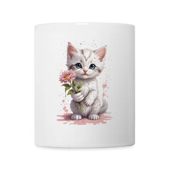 Verspieltes Kätzchen mit Blume - Aquarell - Tasse - Weiß - Vorne