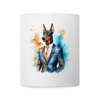 Dobermann Anzug Hund Bunt Lustig Tier Design Print - Tasse - Weiß - Vorne
