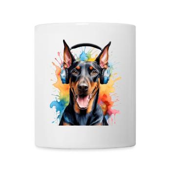 Dobermann Kopfhörer Hund Lustig Tier Design Print - Tasse - Weiß - Vorne